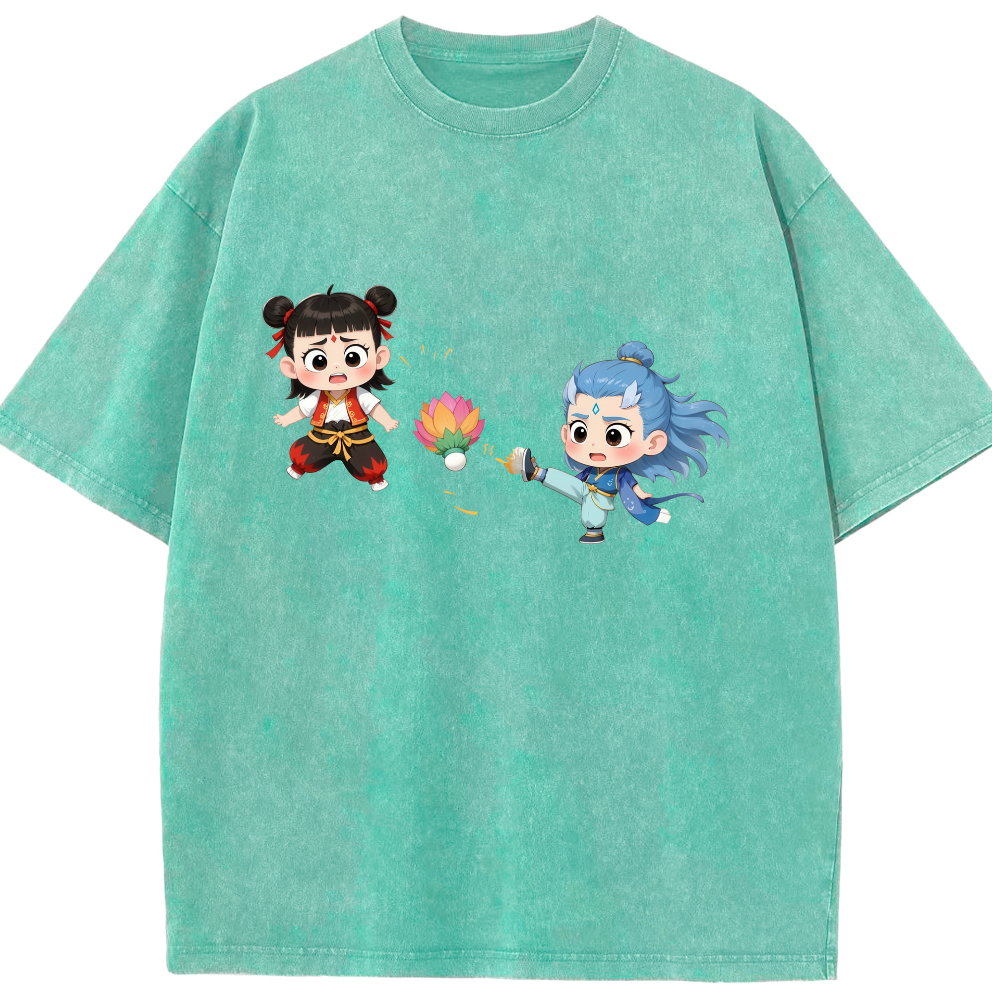 （画像用） Ne Zha 2 ナタ 魔童の大暴れ 綿100% ヴィンテージ風 半袖Tシャツ（フロントプリント）